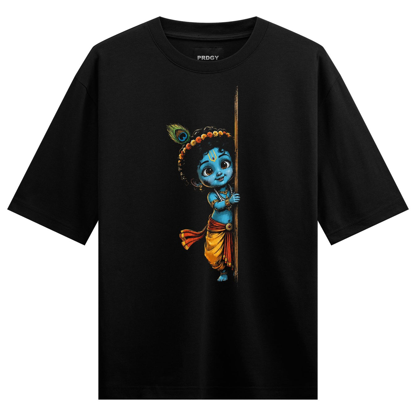 A cartoon baby Krishna with blue skin and a peacock feather in his hair peeks from behind a wooden flute wearing a yellow...