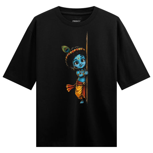 A cartoon baby Krishna with blue skin and a peacock feather in his hair peeks from behind a wooden flute wearing a yellow...