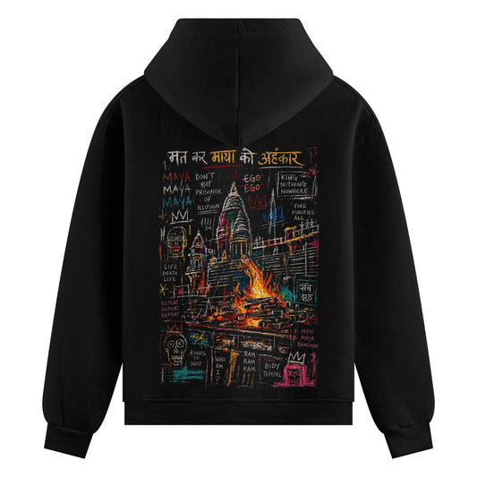 Sacred Fire  Oversized Hoodie — a colorful graffiti-style back print showing a burning temple, trident, crown, snake