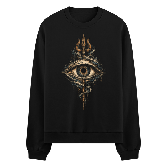 Third Eye Trinity Oversized Sweatshirt — a large third eye graphic with a trident above and a coiled snake below, dripping