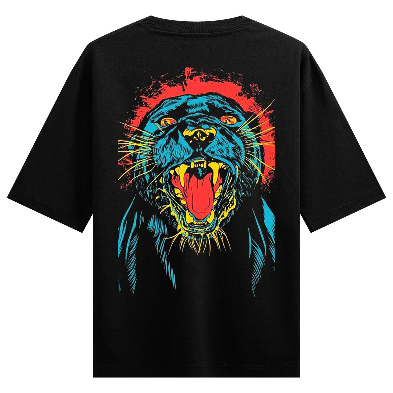 A black t-shirt with a graphic print of a roaring panther s head in blue yellow and red against a distressed red backgroun...