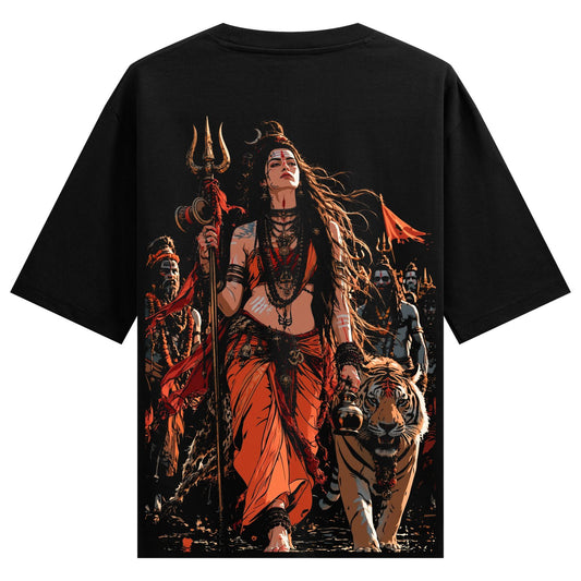 A black t-shirt with a full back print of a Shiva figure holding a trident walking with a tiger wearing red sash with moon...