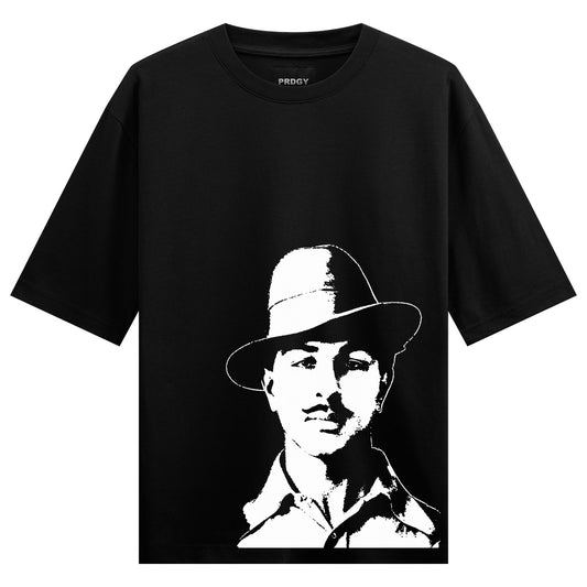 A black and white stencil portrait of a man wearing a hat and collared shirt against a black background with the brand nam...