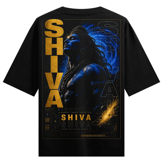 A black t-shirt back print features a blue-skinned Shiva with long dreadlocks against a vibrant blue nebula and golden gal...