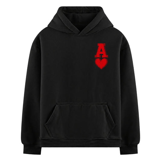 Ace Heart Oversized Hoodie — Black hoodie with red distressed letter A and heart symbol on chest, plain background