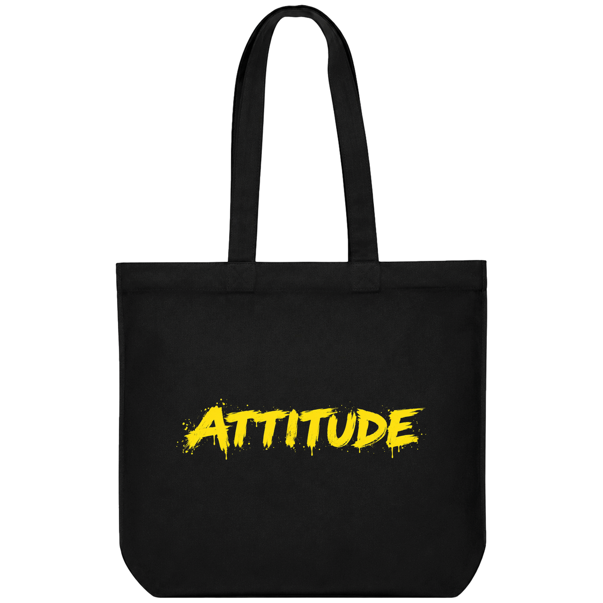 A black t-shirt features the brand name PRDGY above the word ATTITUDE in bold distressed yellow brush stroke typography on...