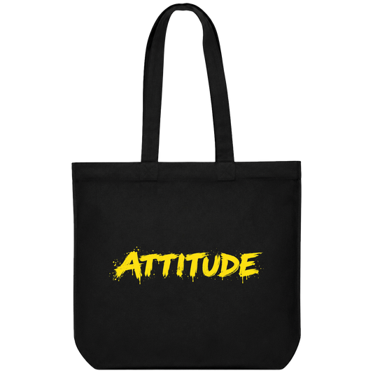A black t-shirt features the brand name PRDGY above the word ATTITUDE in bold distressed yellow brush stroke typography on...