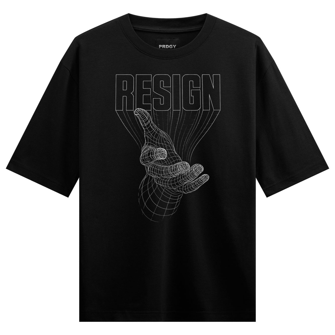 A black t-shirt features a white wireframe hand illustration with grid lines and the word RESIGN above it on PRDGY oversiz...