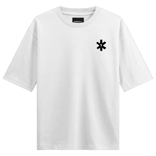 Basic Oversized White Oversized T-Shirt by PRDGY — white t-shirt with black asterisk graphic and drip effect, urban fashion