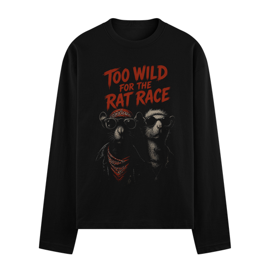 A black t-shirt features red text reading TOO WILD FOR THE RAT RACE above two illustrated rats wearing sunglasses and a ba...
