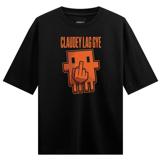 Claudey Lag Gaye Oversized T-Shirt by PRDGY — pixelated orange skull with middle finger, skull design