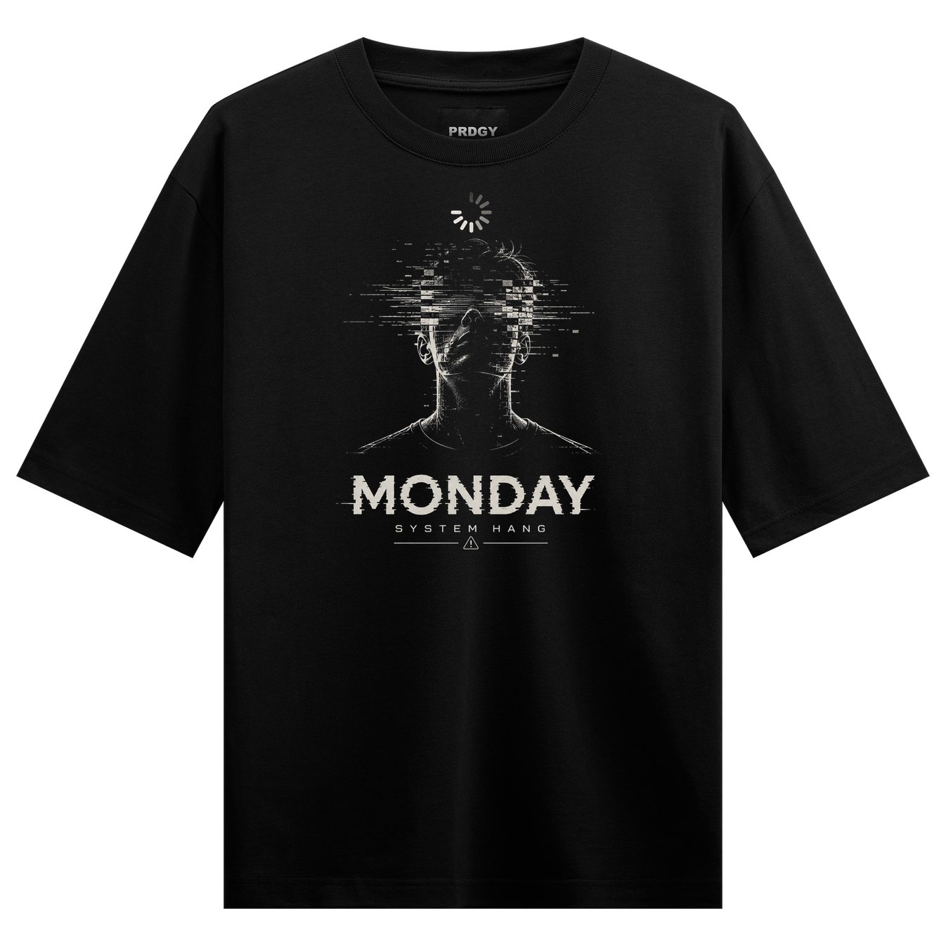 System Hang T-Shirt by PRDGY — glitching silhouette with loading icon, cyberpunk design