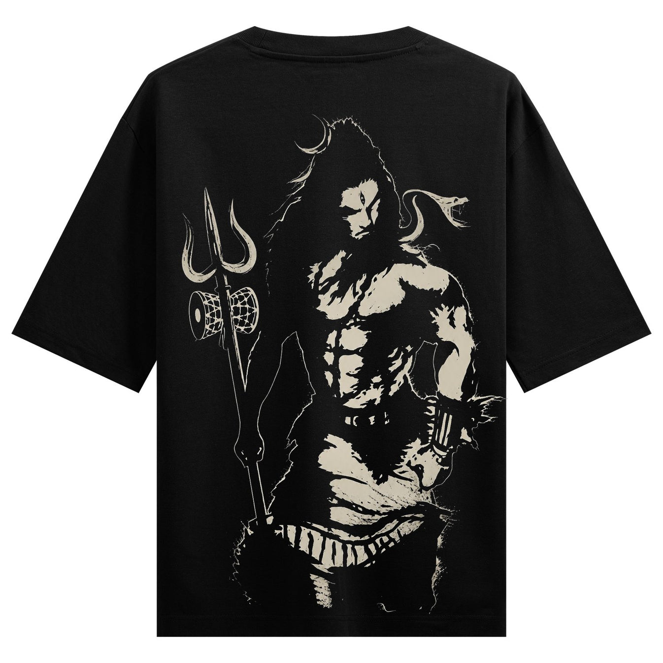 A striking cream linework illustration of a muscular Lord Shiva with a trident and serpent on a black t-shirt background o...