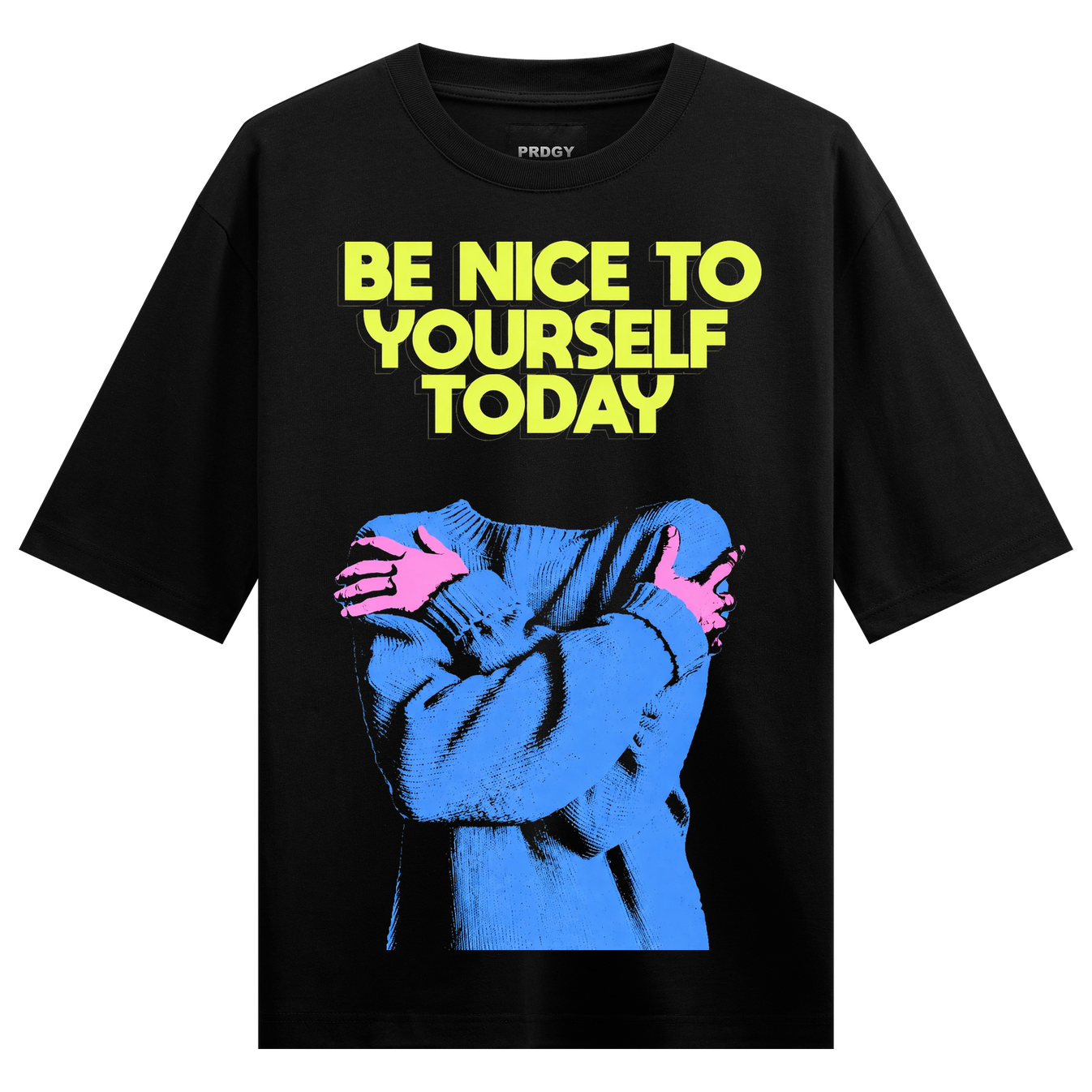 Self Care Embrace Oversized T-Shirt by PRDGY — Blue figure with pink hands in self-hug pose and bold yellow text,