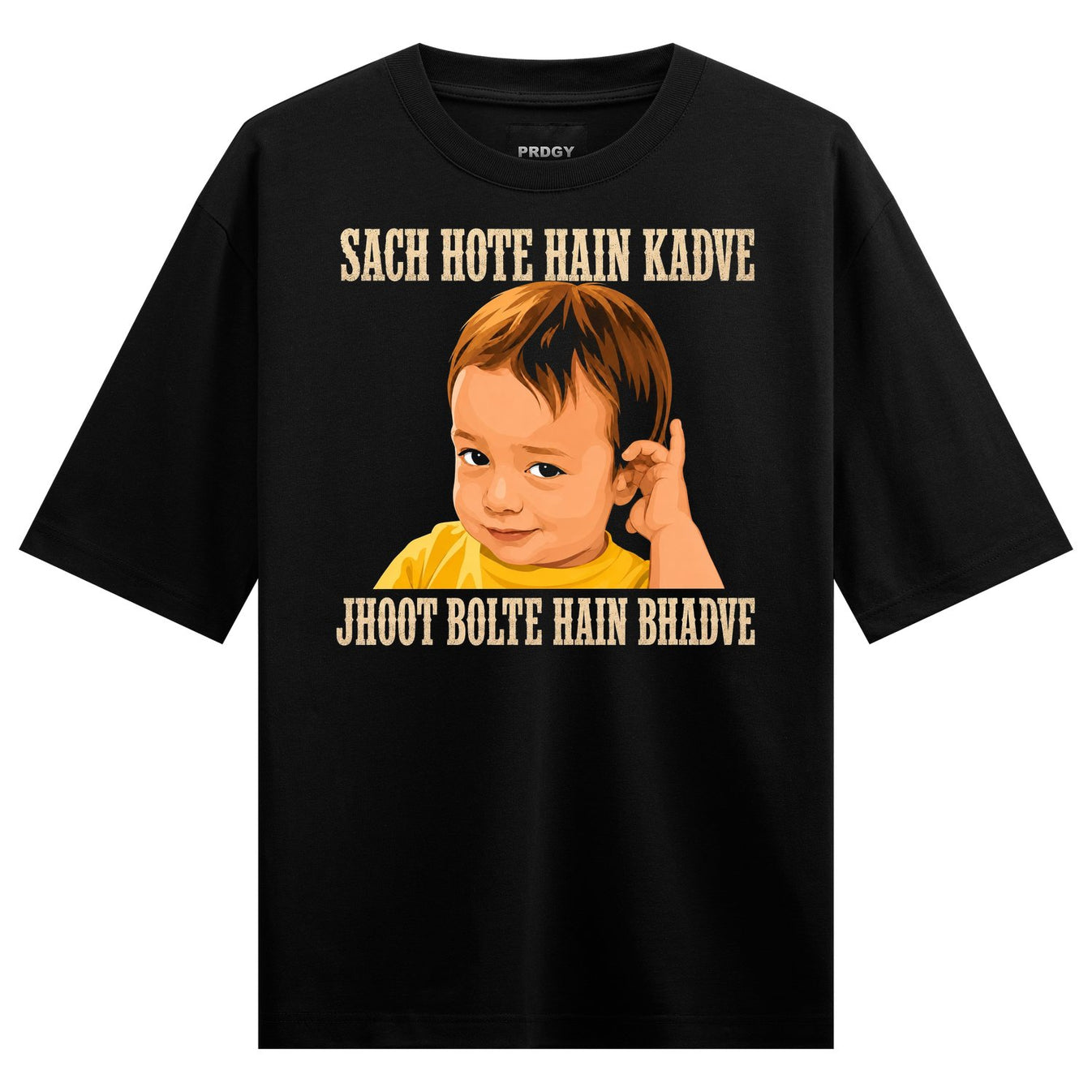 A black t-shirt features a digital illustration of a child s face with a finger to their ear surrounded by Hindi text on P...