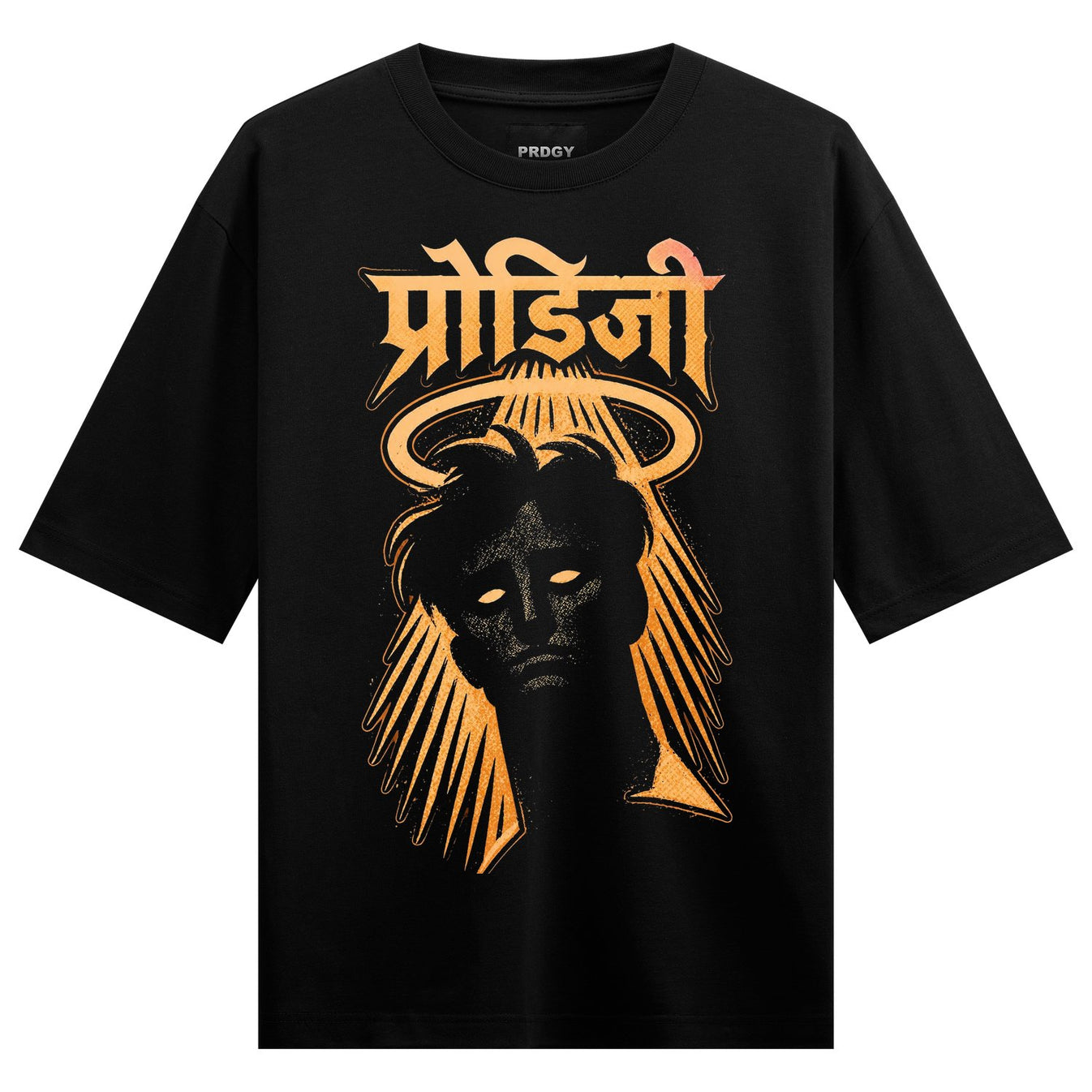 A black t-shirt features a dark portrait with glowing white eyes surrounded by an orange halo and radiating orange light r...