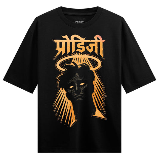 A black t-shirt features a dark portrait with glowing white eyes surrounded by an orange halo and radiating orange light r...