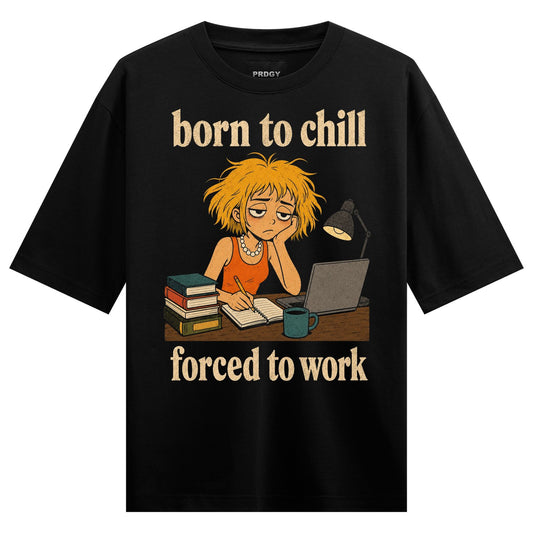 A cartoon character with tired eyes sits at a desk with books a laptop and a desk lamp text above and below on PRDGY overs...