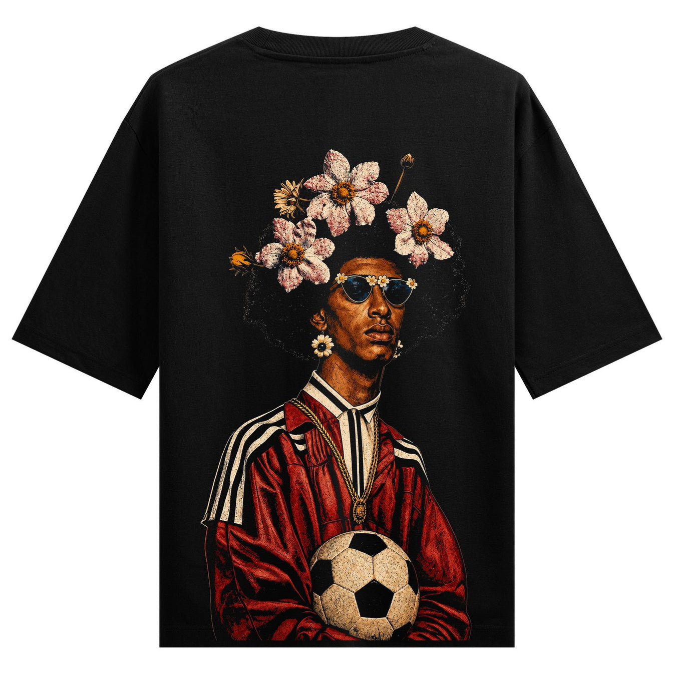 Floral Afro Baller artwork on PRDGY oversized t-shirt