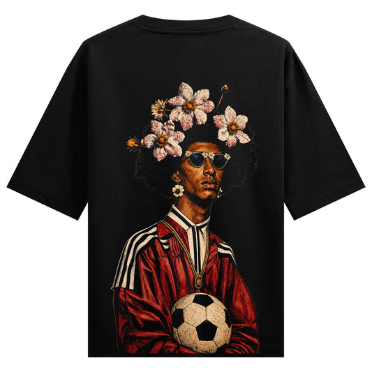Floral Afro Baller artwork on PRDGY oversized t-shirt