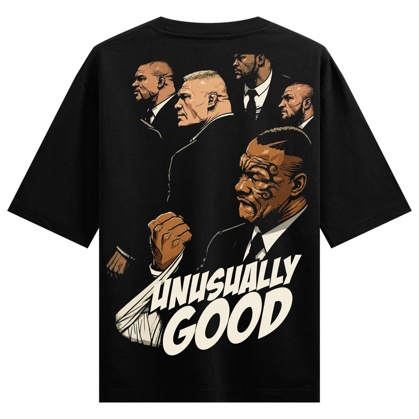 Legends Oversized T-Shirt by PRDGY — comic-style illustration of men in suits with bandaged fist and tattooed face,