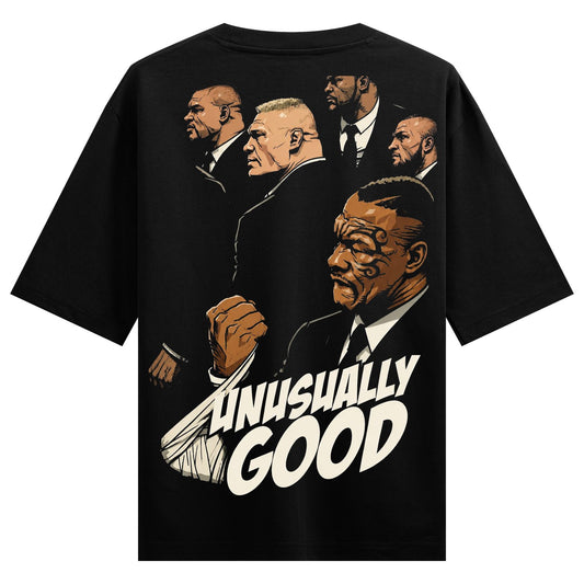 Legends Oversized T-Shirt by PRDGY — comic-style illustration of men in suits with bandaged fist and tattooed face,