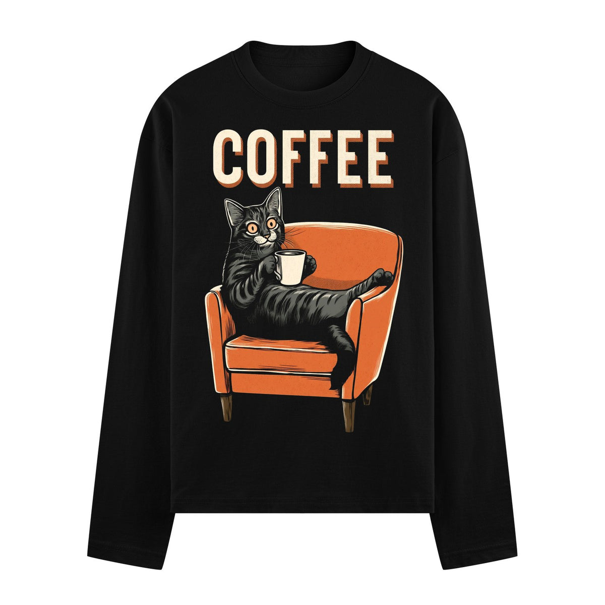 Coffee Cat Oversized Full Sleeve T-Shirt — a black cat with orange eyes sits in an orange armchair holding a white coffee