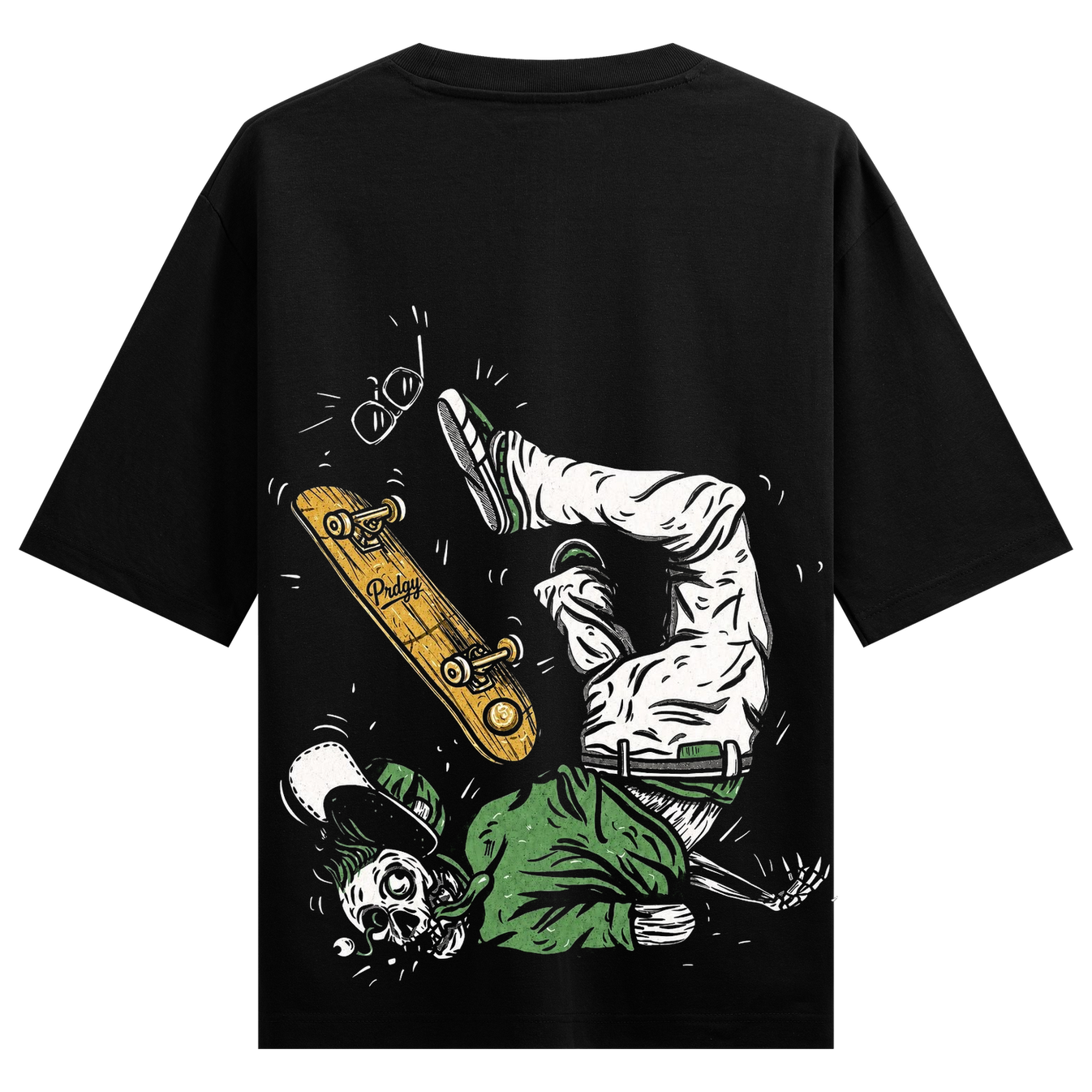 Skater Down T-Shirt by PRDGY — skeleton skateboarding mid-air, streetwear design