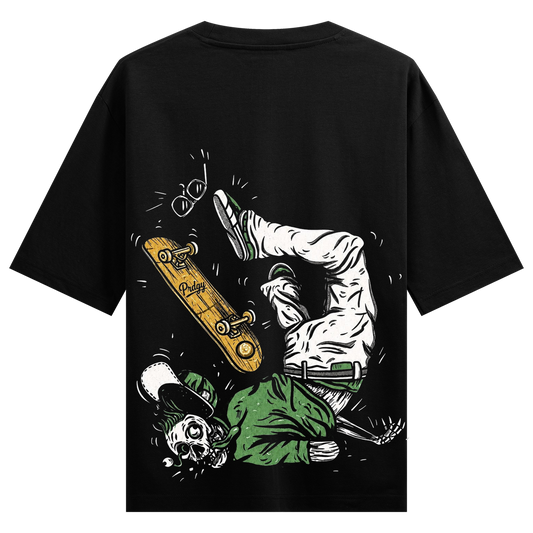 Skater Down T-Shirt by PRDGY — skeleton skateboarding mid-air, streetwear design