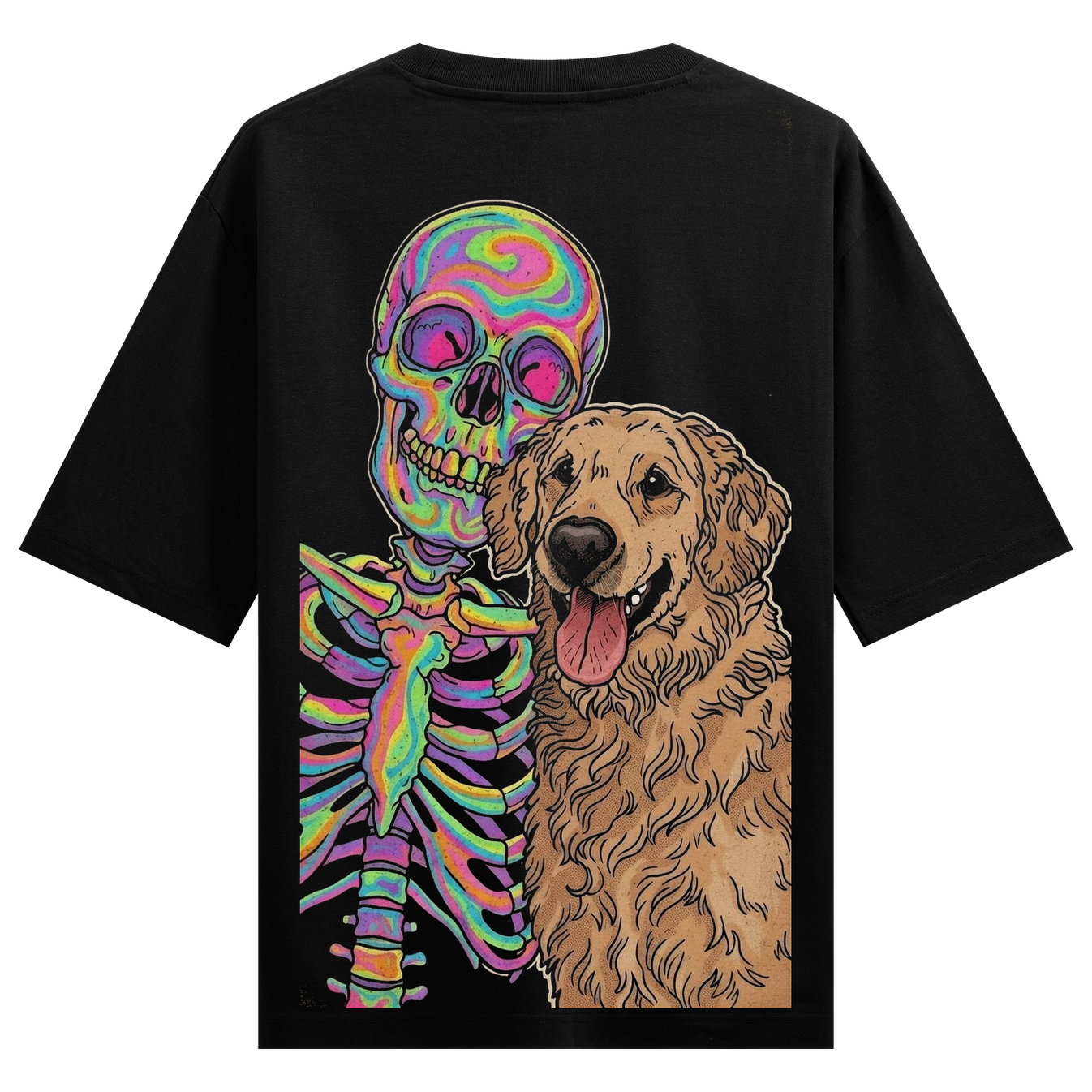 Chaos Needs a Friend Oversized T-Shirt by PRDGY — rainbow skeleton hugging a golden retriever, funny design