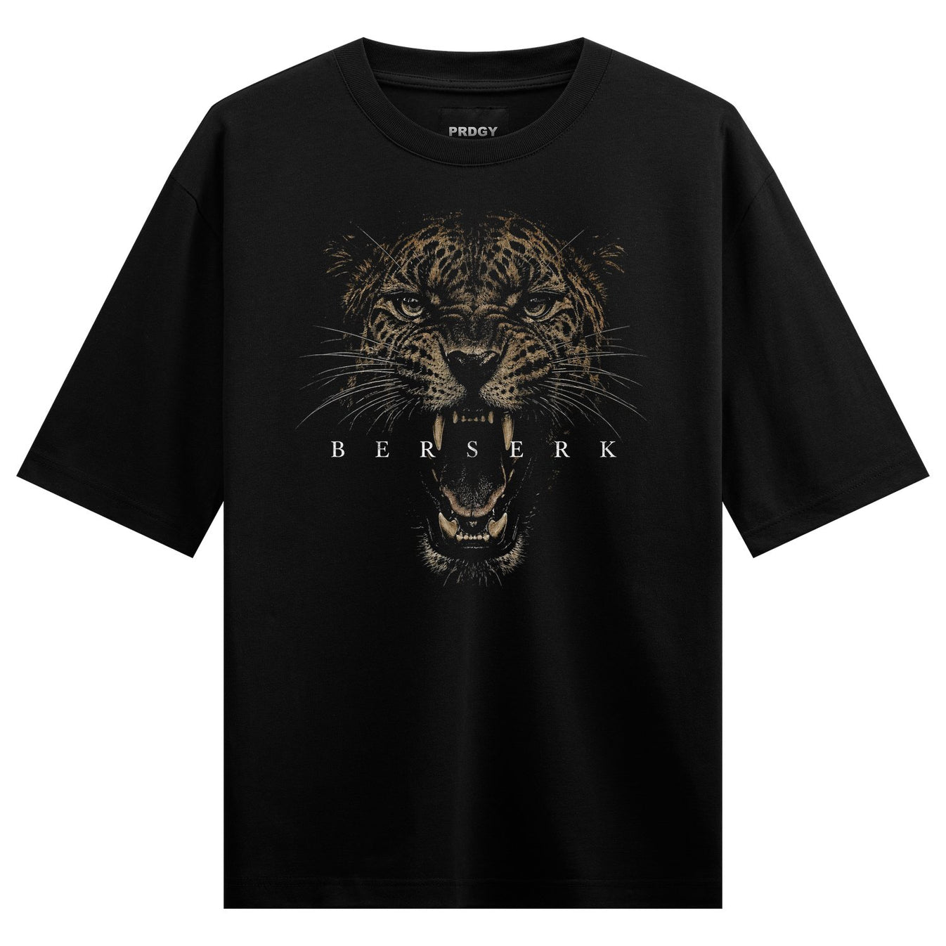 A black t-shirt features a detailed roaring leopard face with bared teeth and spots with the brand name above and text bel...