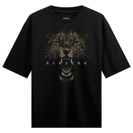 A black t-shirt features a detailed roaring leopard face with bared teeth and spots with the brand name above and text bel...
