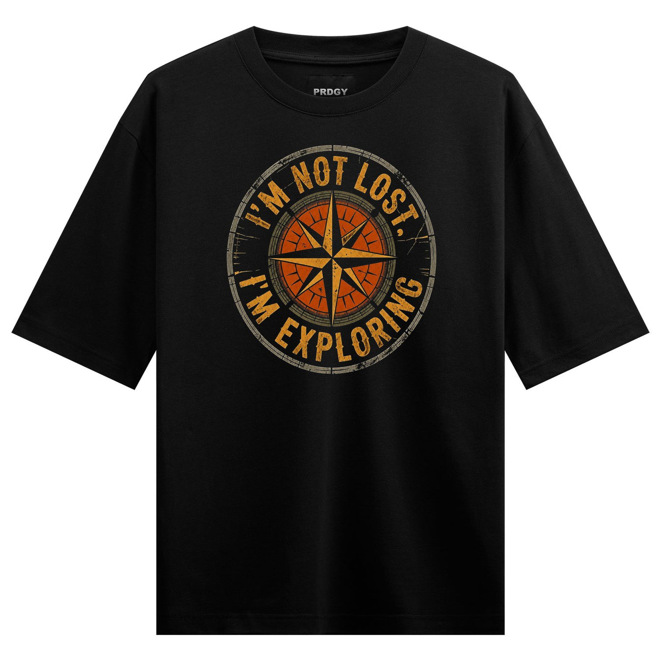A circular design featuring a vintage compass rose with orange and yellow accents surrounded by grey text reading I M NOT...