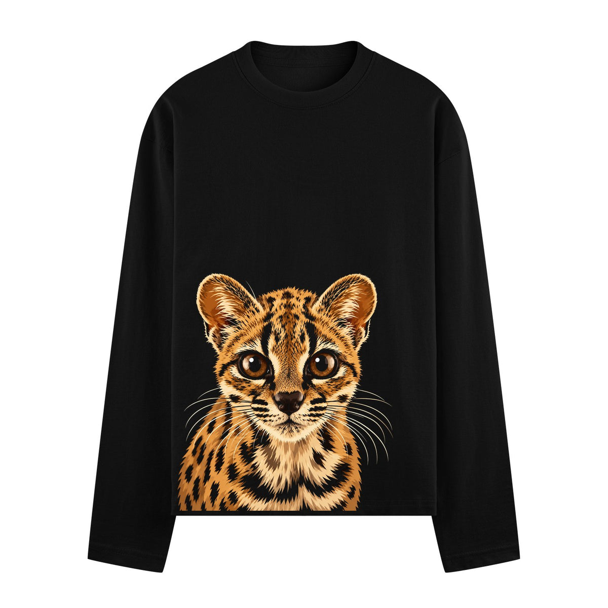 Tilcayo the Cat Oversized Full Sleeve T-Shirt — a realistic ocelot face with big eyes, spotted brown fur, and white whiskers