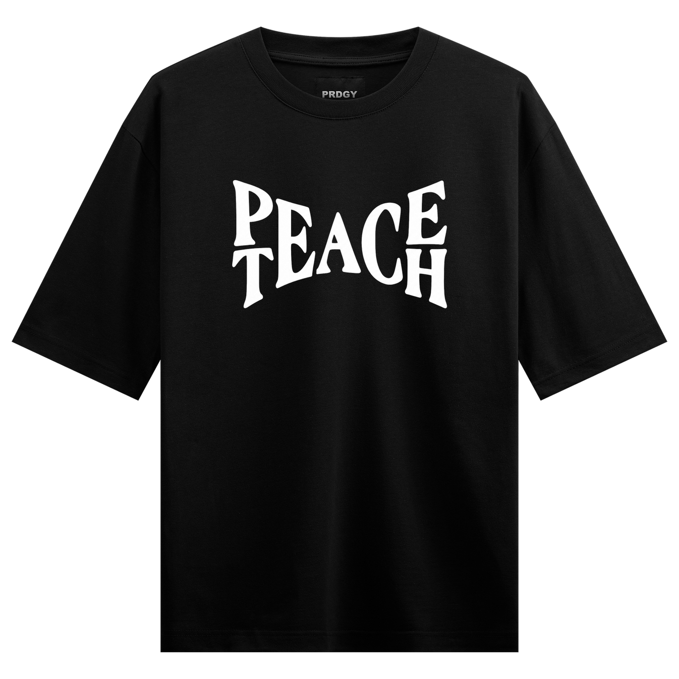 A black t-shirt features the words PEACE TEACH in large bold white arched lettering with the brand name PRDGY above on PRD...
