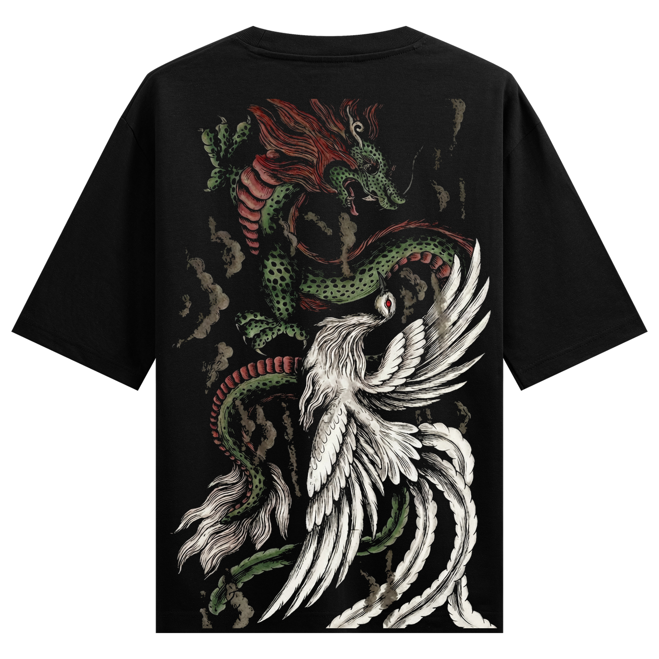 Wings Don’t Mean Peace Oversized T-Shirt by PRDGY — traditional dragon and phoenix motif, mythical design