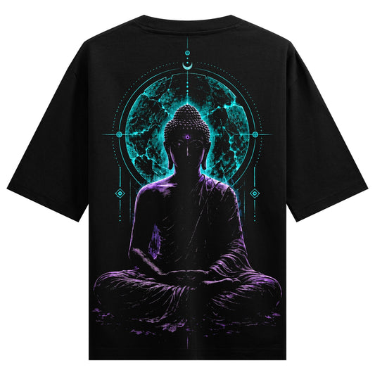 A dark t-shirt features a purple Buddha silhouette against a glowing turquoise circle with cracked texture and geometric l...