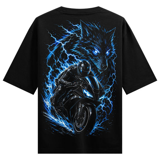 A black t-shirt features a graphic of a wolf head with bright blue eyes and electric blue lightning surrounding a motorcyc...