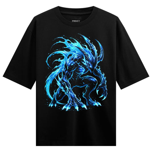 A dark monstrous figure made of vibrant blue flames with sharp claws horns and glowing eyes printed on a black t-shirt on...