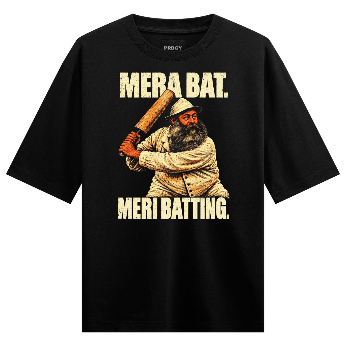 Mera Bat Oversized T-Shirt — a black t-shirt features an illustration of a bearded man in a hat and traditional clothing