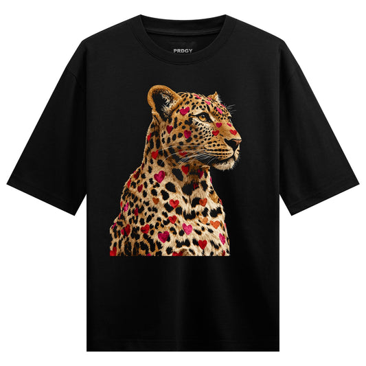 Heart Leopard artwork on PRDGY oversized t-shirt