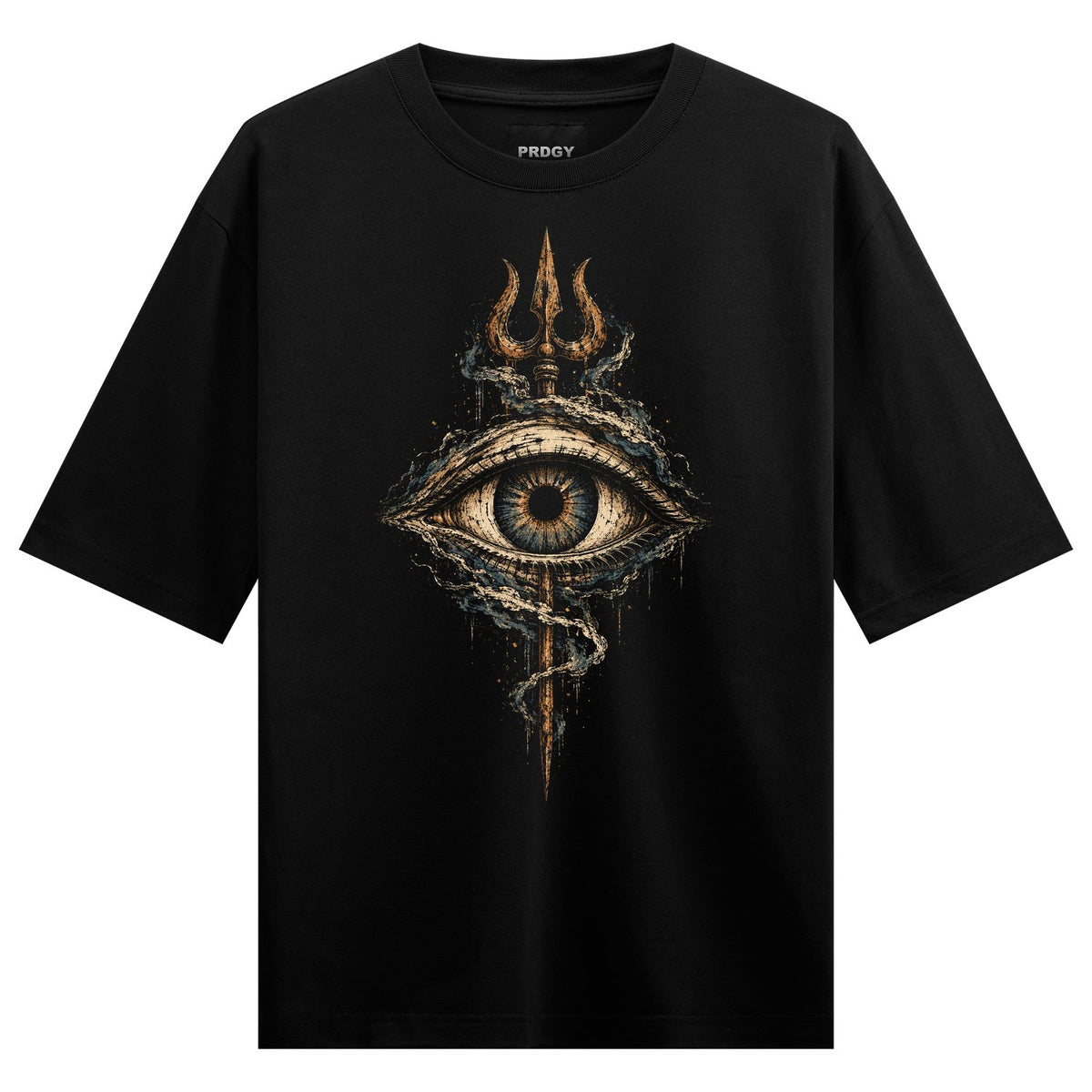 Third Eye Trinity Oversized T-Shirt — a large third eye graphic with a trident above and a coiled snake below, dripping gold