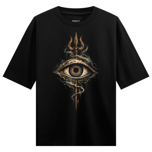 Third Eye Trinity Oversized T-Shirt — a large third eye graphic with a trident above and a coiled snake below, dripping gold