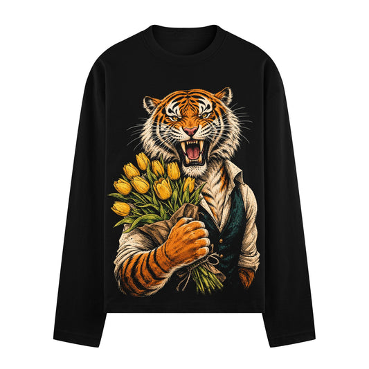 A detailed illustration of a roaring tiger wearing a vest and shirt holding a large bunch of yellow tulips on PRDGY oversi...