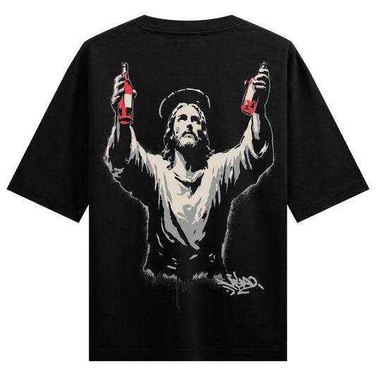Divine Wine  — Black t-shirt with white and red graphic of Jesus figure holding two wine bottles raised arms halo