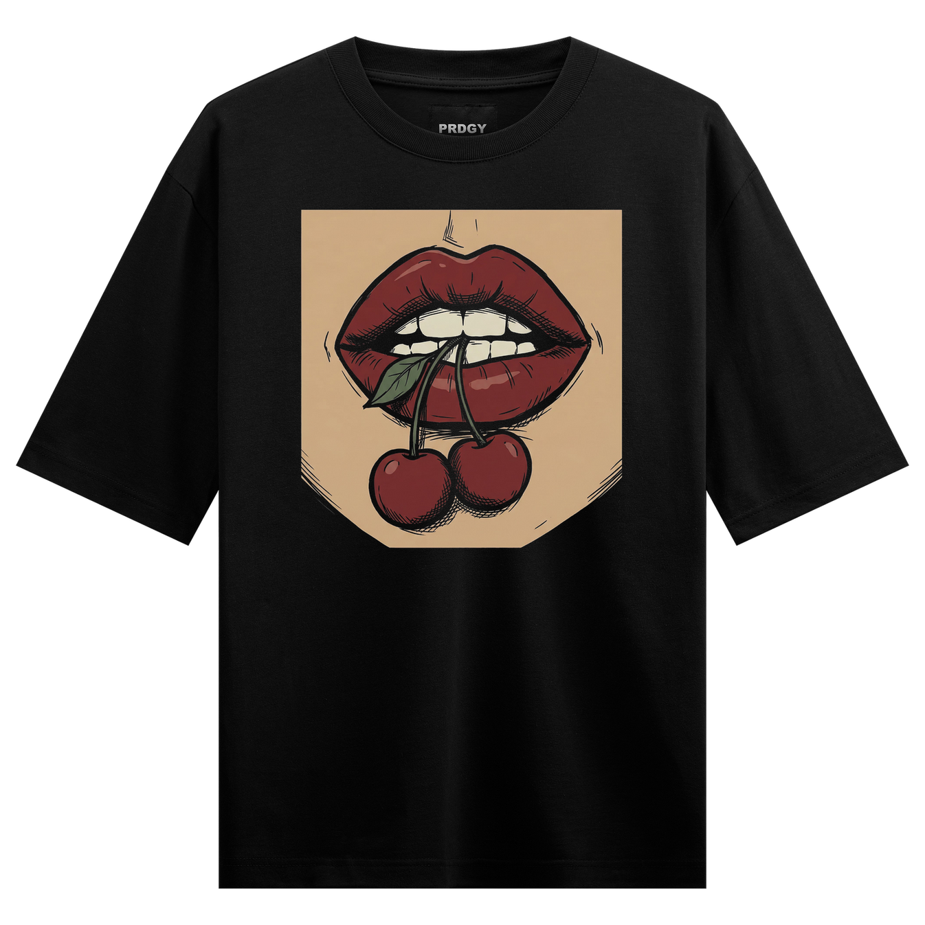 Cherry Lips Oversized T-Shirt by PRDGY — bold cherry lips graphic in pop art style, streetwear design