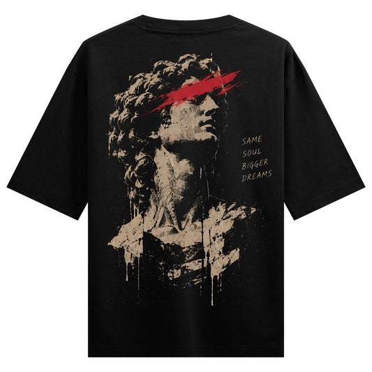 Soul Dreams Oversized T-Shirt — Black t-shirt with beige statue bust, red slashing paint, dripping paint effect
