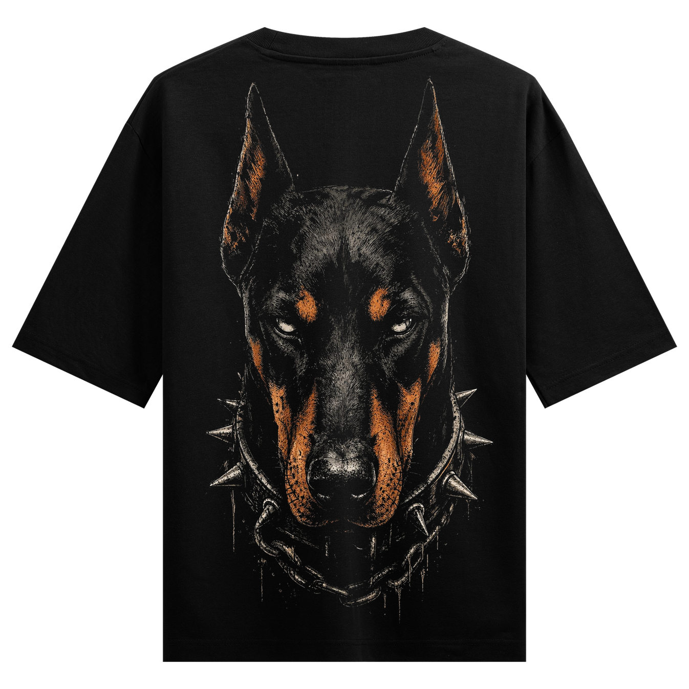 Guardian Beast T-Shirt by PRDGY — Intense Doberman portrait with spiked collar, dark art design.