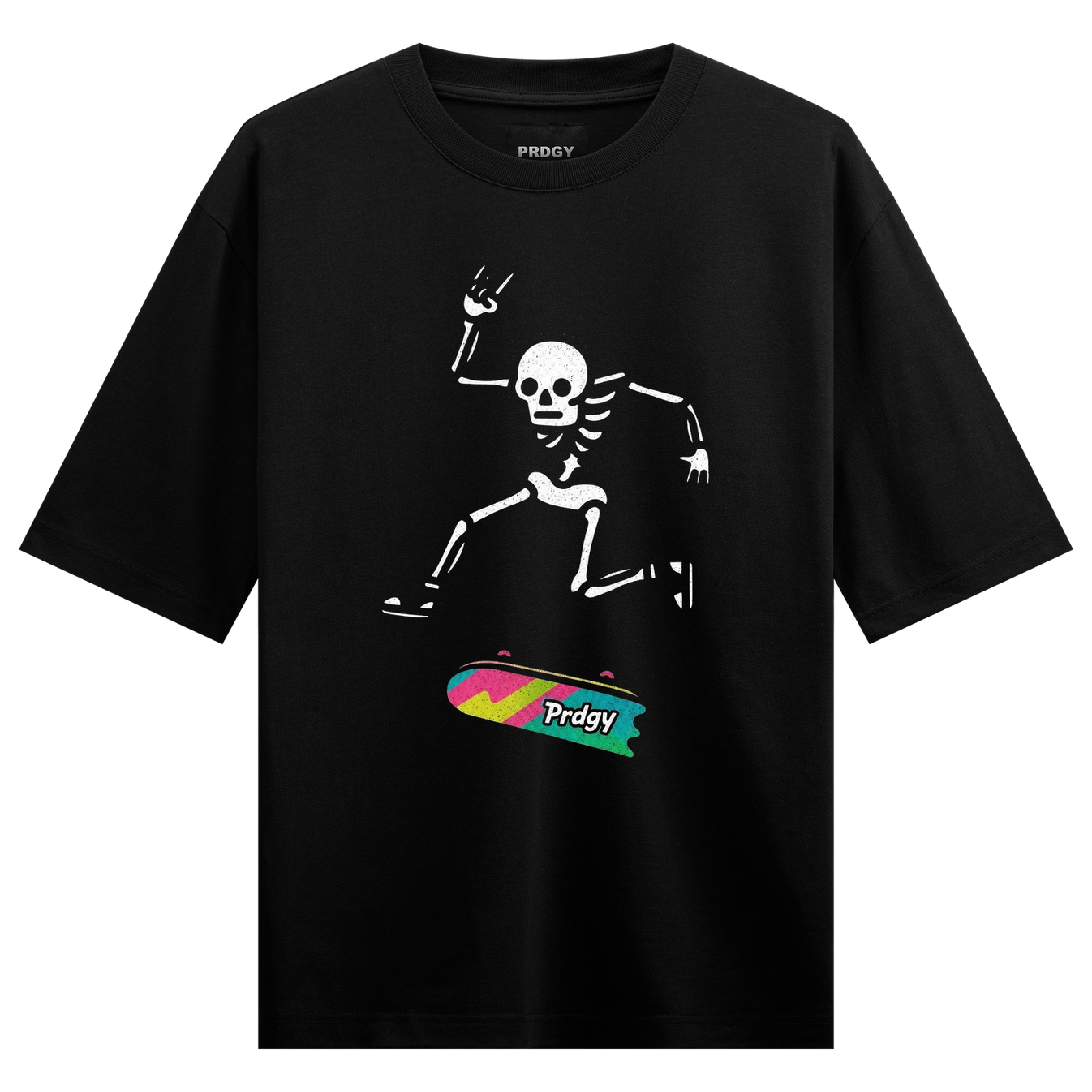 Skater Skeleton T-Shirt by PRDGY — a white skeleton skating with colorful graphics, skater design