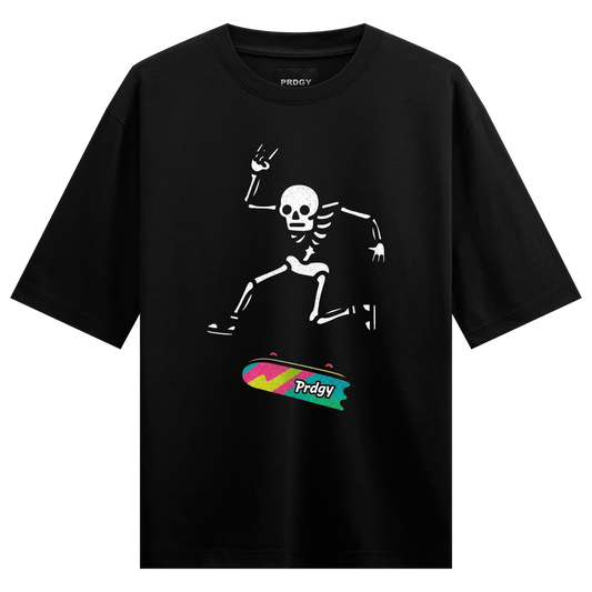 Skater Skeleton T-Shirt by PRDGY — a white skeleton skating with colorful graphics, skater design